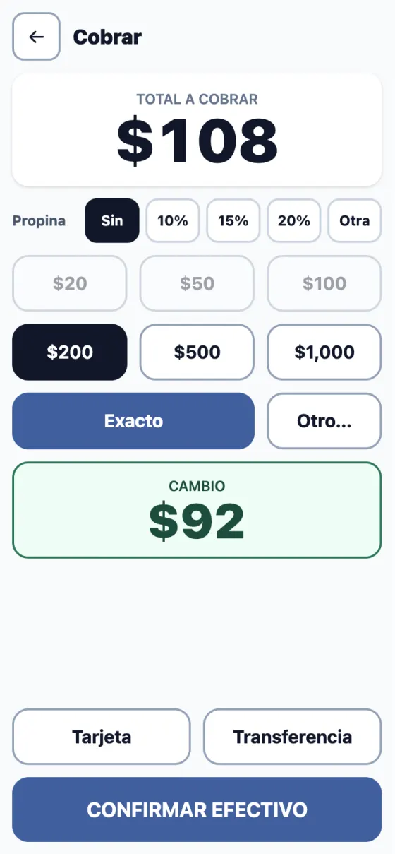 Pantalla de cobro: total de $108, pagan con $200 y el cambio es $92