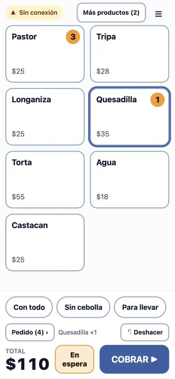 Pantalla de venta de Mi Kajita con el aviso «Sin conexión» y un pedido de $110 listo para cobrar