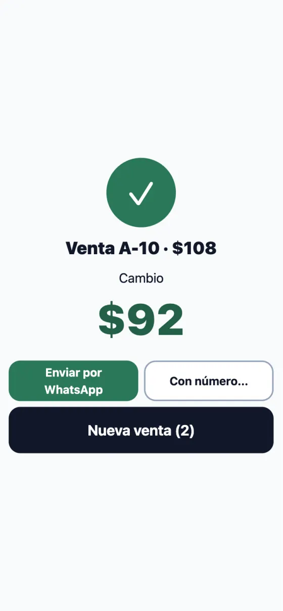 Venta terminada por $108 con el botón «Enviar por WhatsApp»